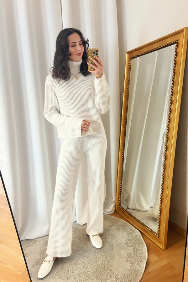 White Knitted Loungewear Sweater and Pants Outfit