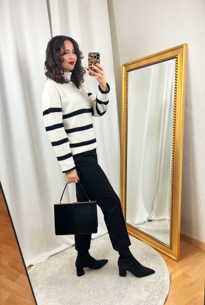 White Striped Sweater and Black Dress Pants Outfit 2