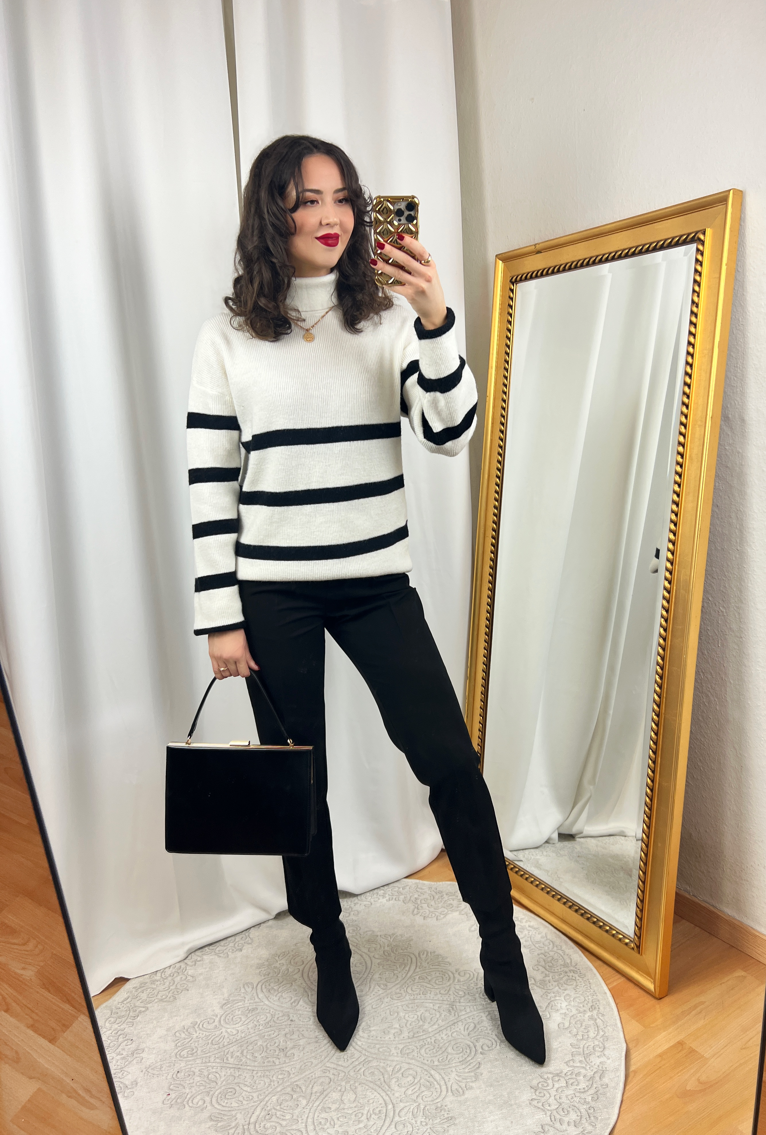 White Striped Sweater and Black Dress Pants Outfit