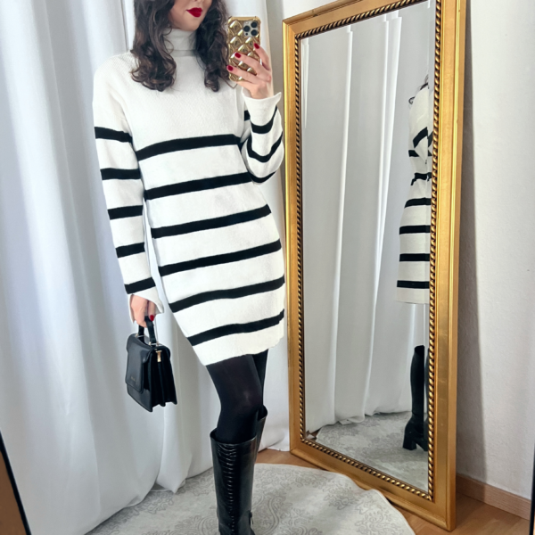 White Striped Turtleneck Sweater Dress Outfit