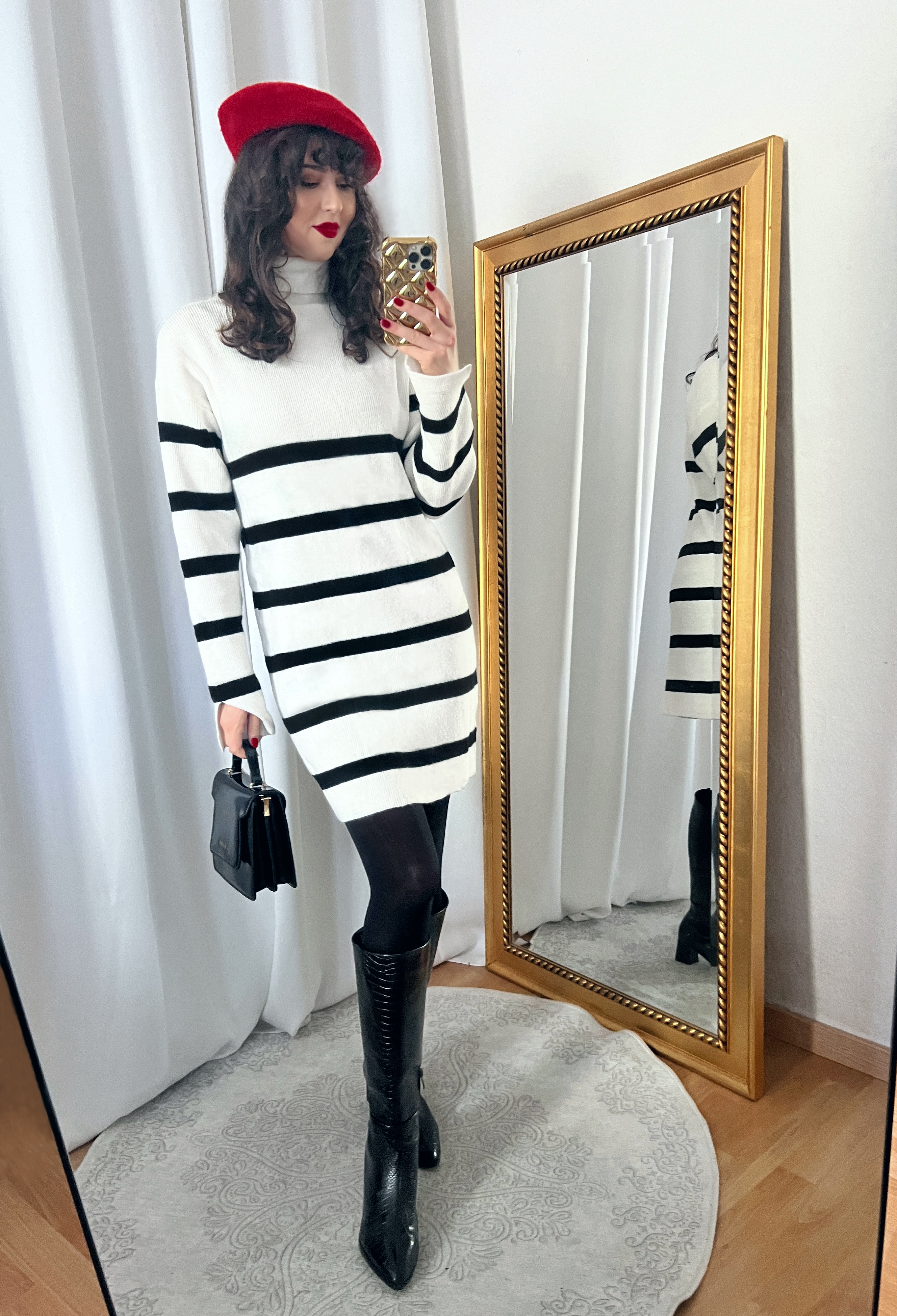 White Striped Turtleneck Sweater Dress Outfit