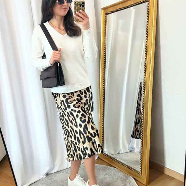 White Sweater Leopard Skirt and White Sneakers Outfit