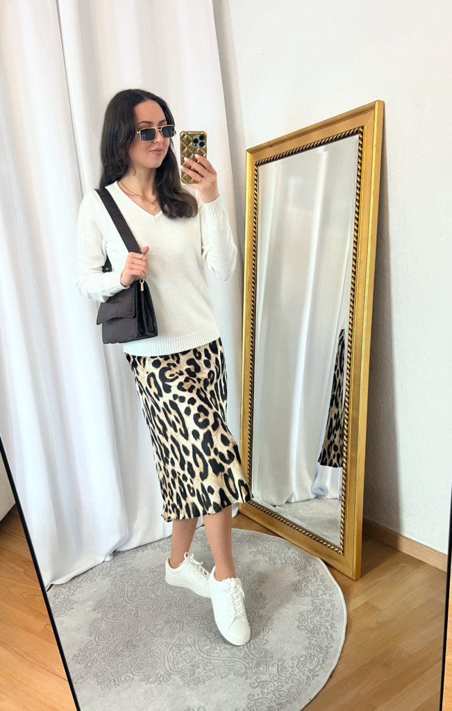 White Sweater Leopard Skirt and White Sneakers Outfit