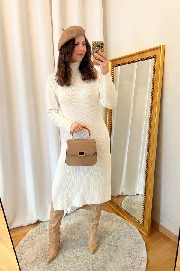 White Turtleneck Sweater Dress Outfit