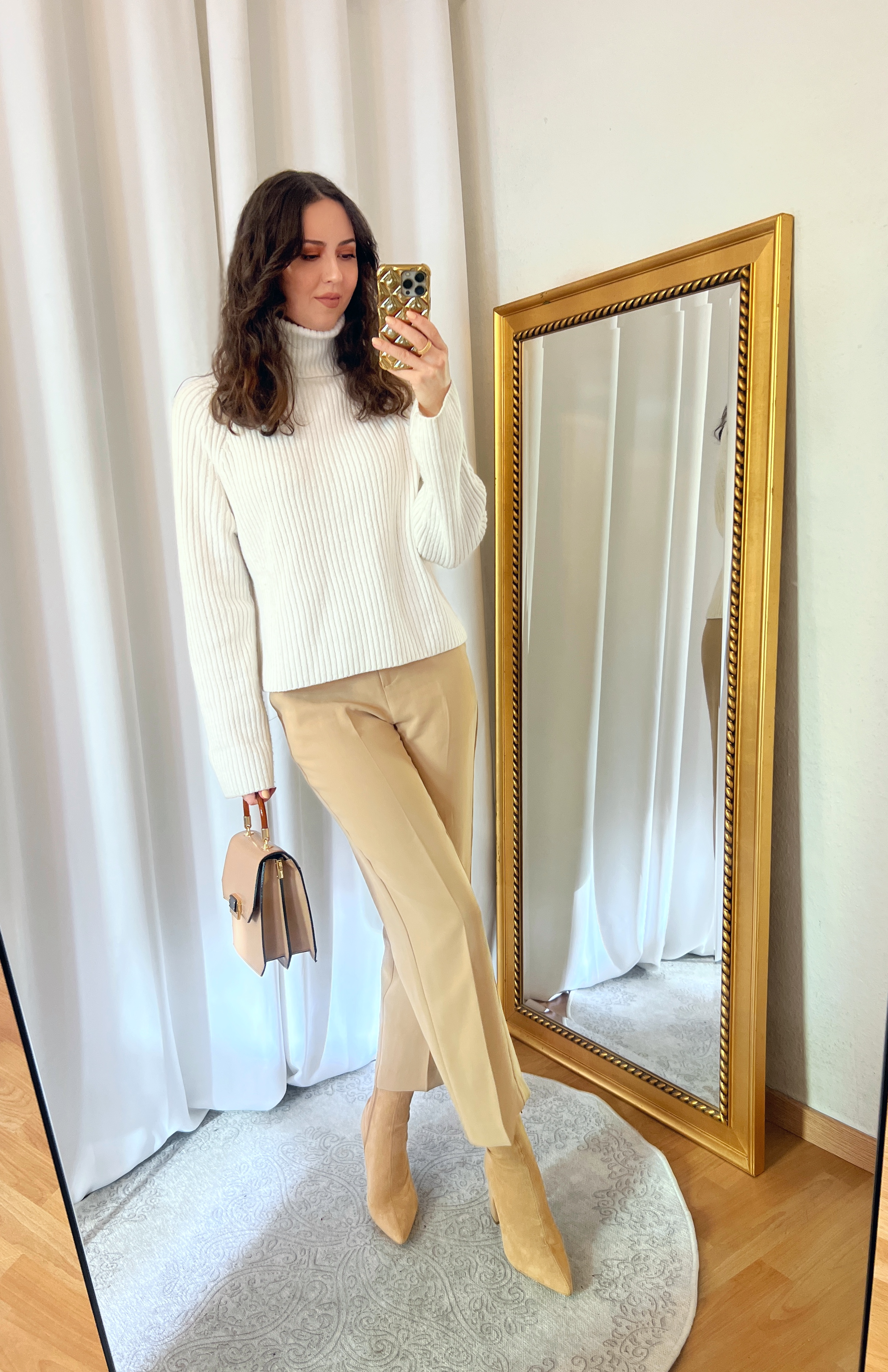 White Turtleneck Sweater and Beige Pants Outfit