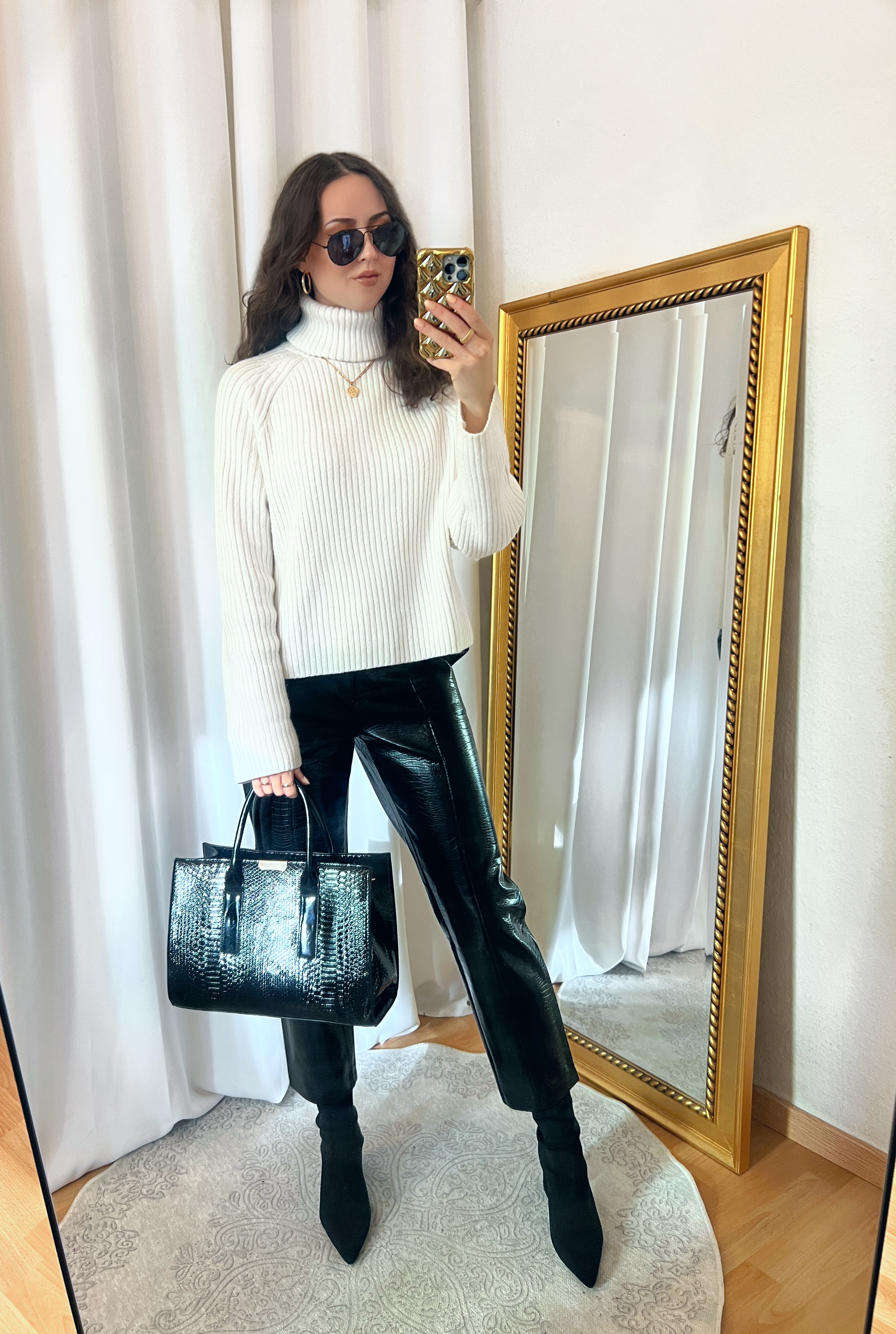 White Turtleneck Sweater and Black Crocodile Leather Pants Outfit