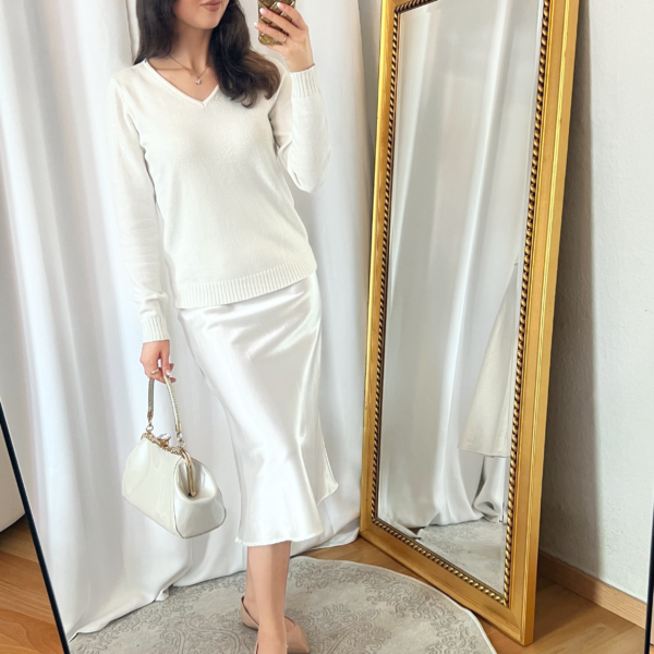 White V-neck Sweater and White Satin Skirt Outfit