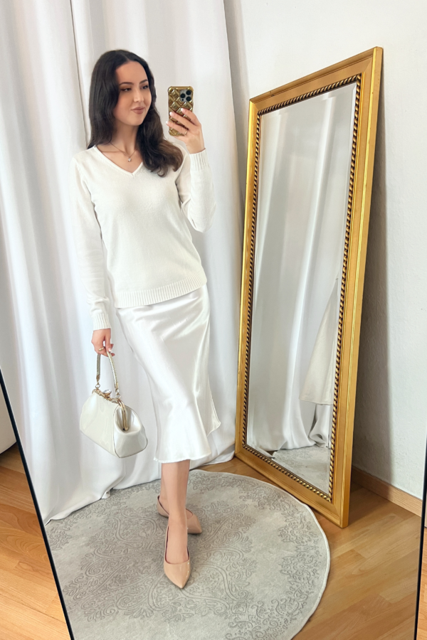 White V-neck Sweater and White Satin Skirt Outfit