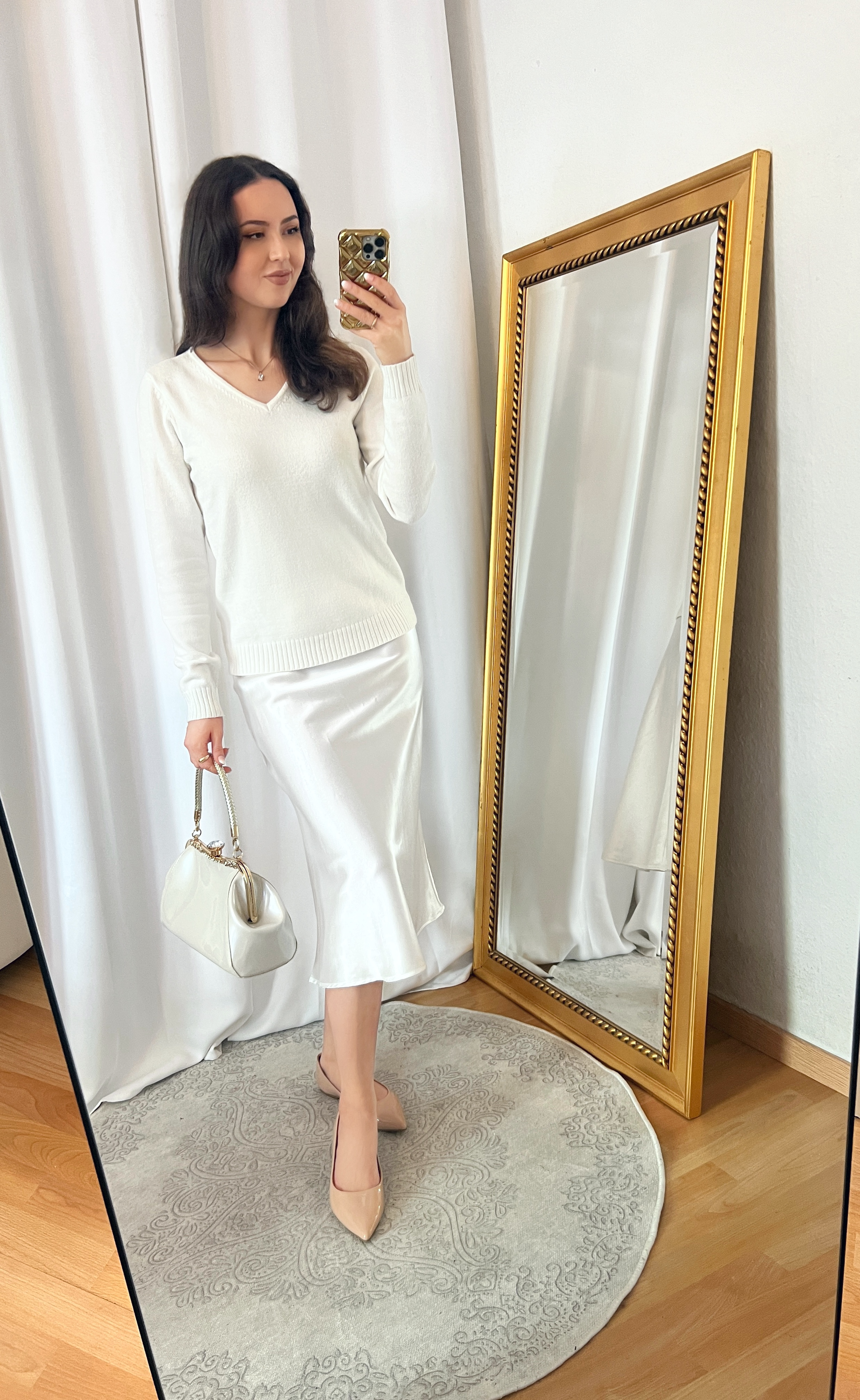 White V-Neck Sweater and White Satin Skirt Outfit