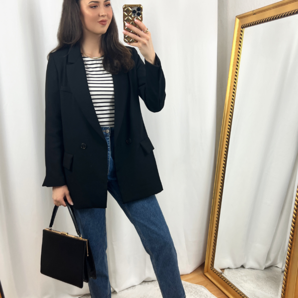 Black Blazer and Mom Jeans Outfit with Striped Shirt