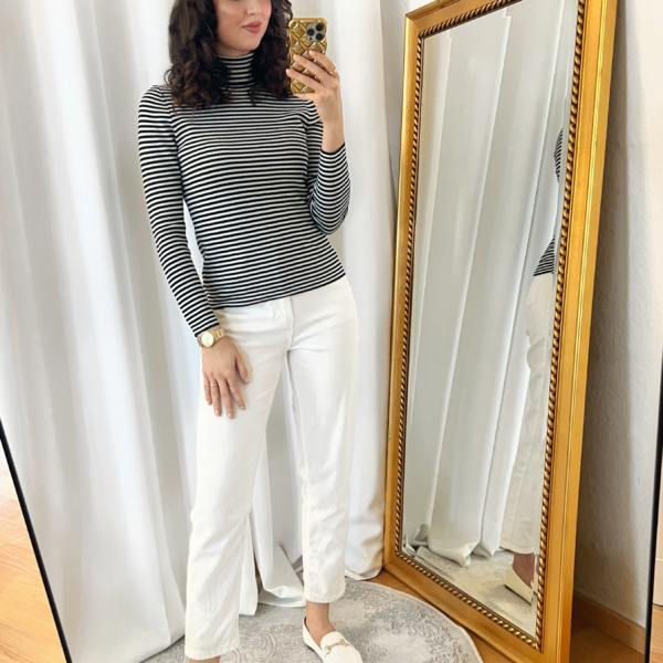 Black and White Striped Turtleneck Sweater Outfit with White Mom Jeans