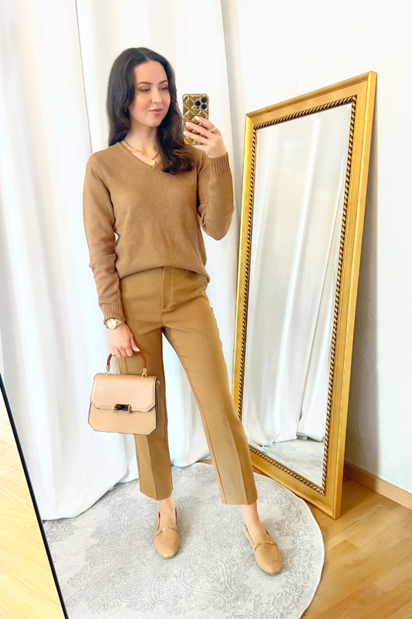 Camel V Neck Sweater and Camel Pants Outfit