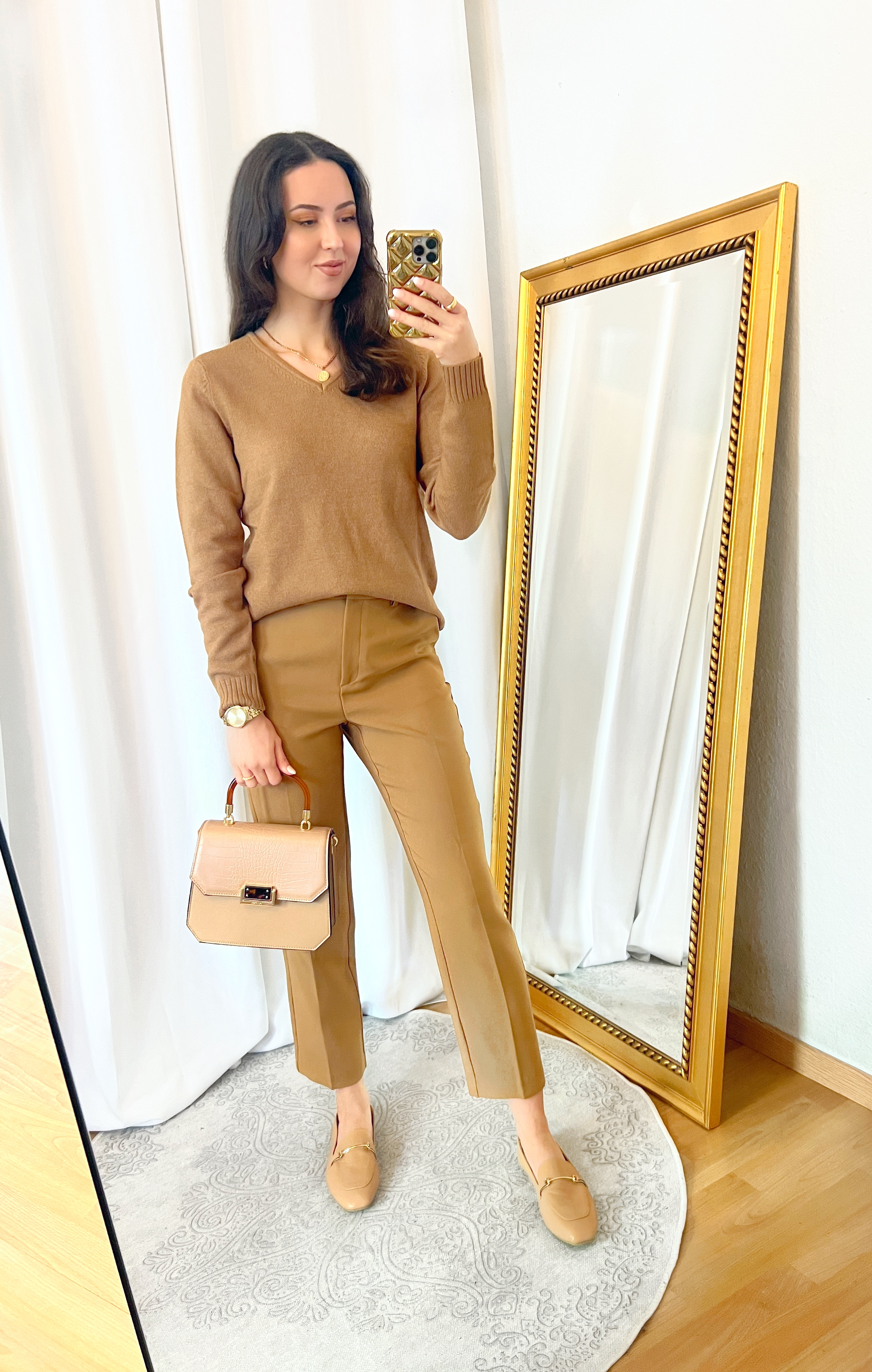 Camel V Neck Sweater and Camel Pants Outfit
