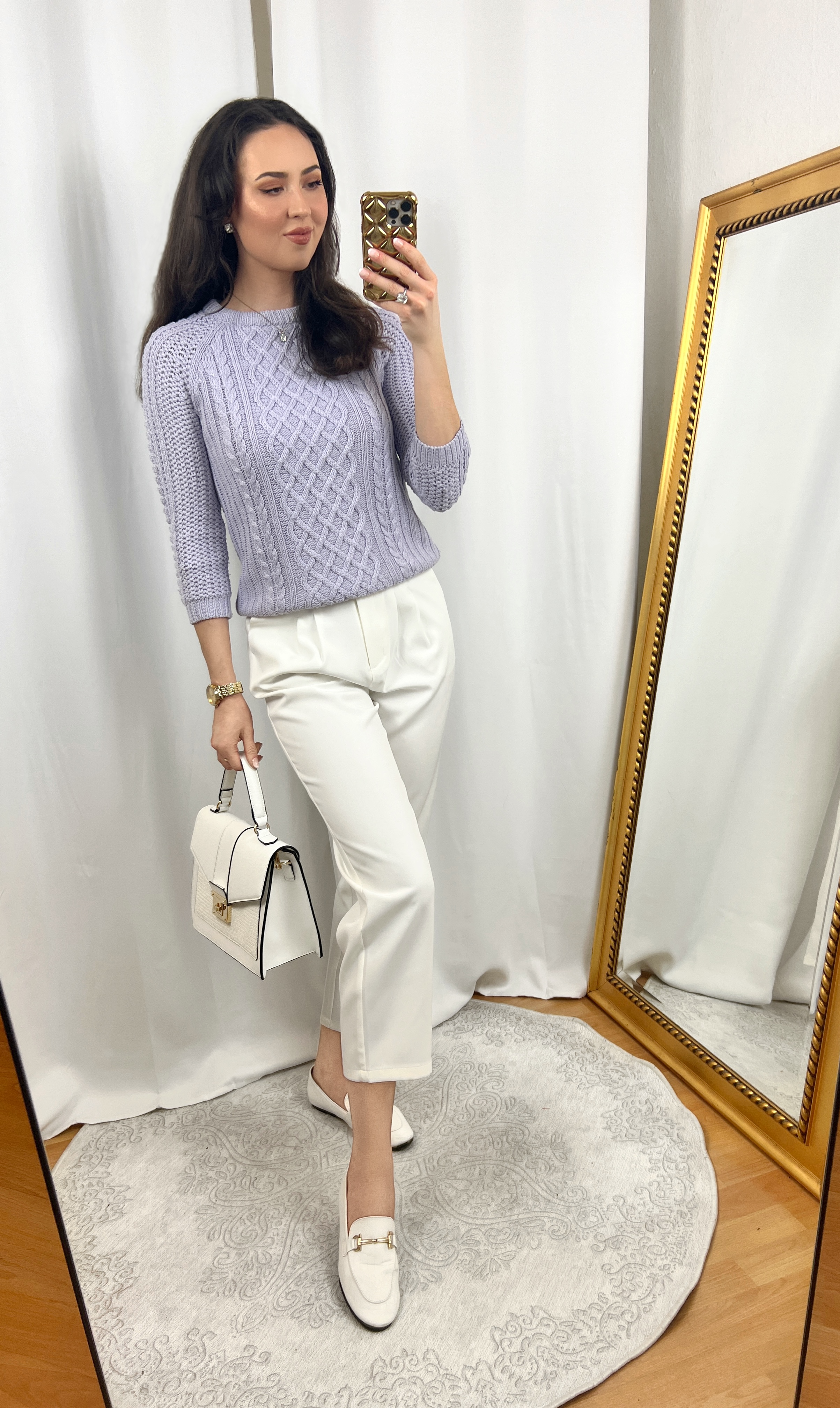 Light Purple Sweater Outfit with White Pants