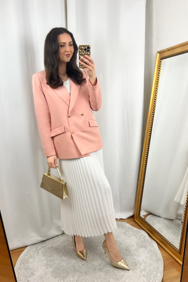 Coral Blazer Outfit with White Pleated Skirt