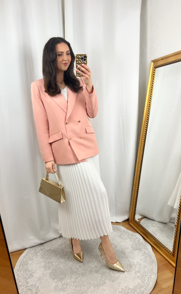 Coral Blazer Outfit with White Pleated Skirt – IN AN ELEGANT FASHION