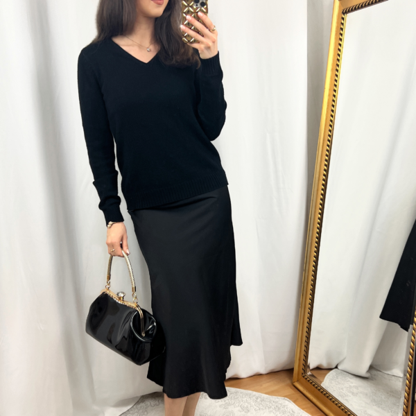 Thin Black Sweater and Black Satin Skirt Outfit