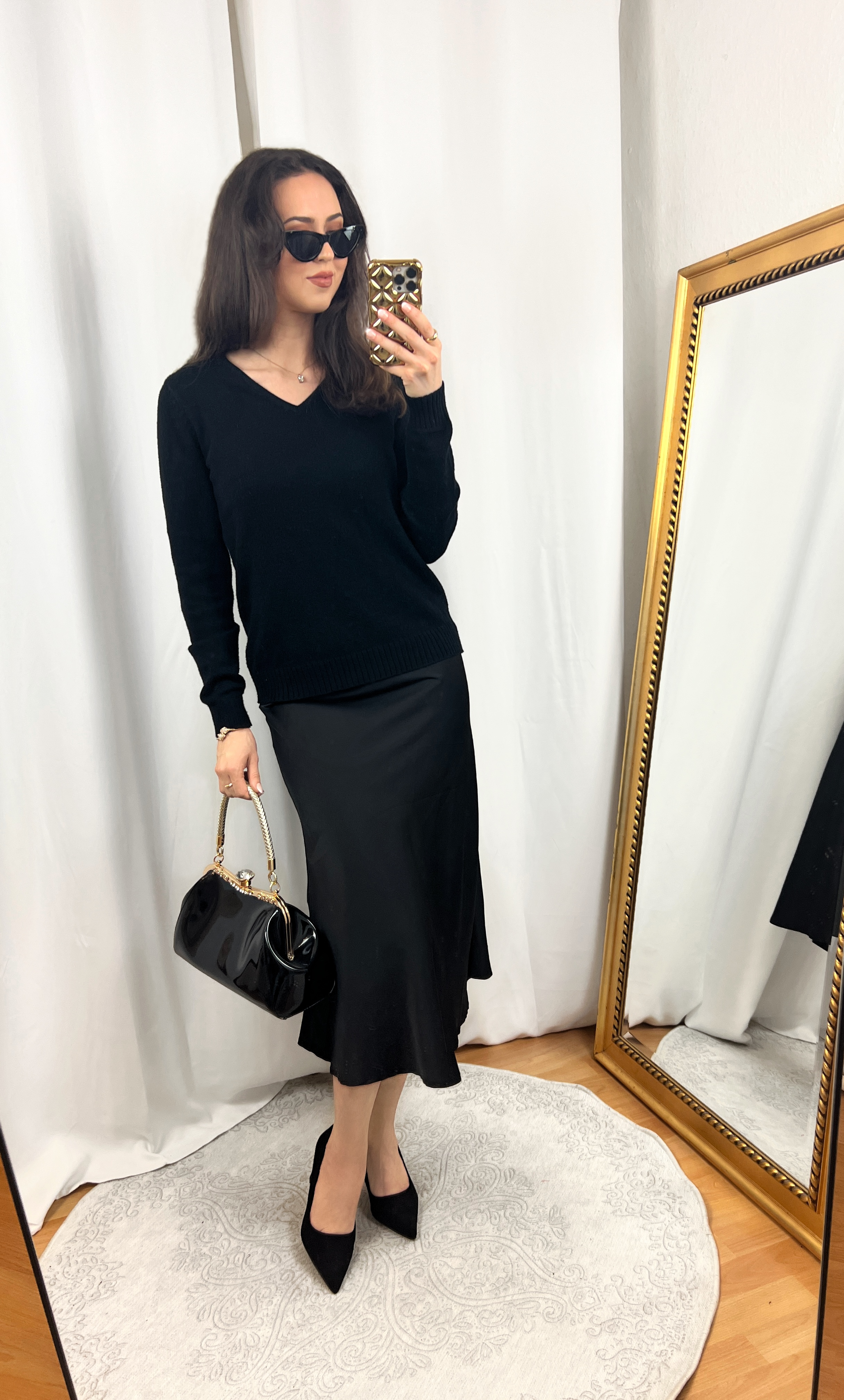 Thin Black Sweater and Black Satin Skirt Outfit