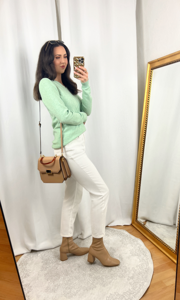Turquiose Sweater Outfit with White Jeans 2
