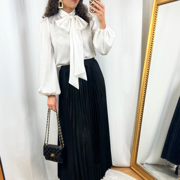 White Tie Neck Blouse Outfit with Long Black Pleated Skirt