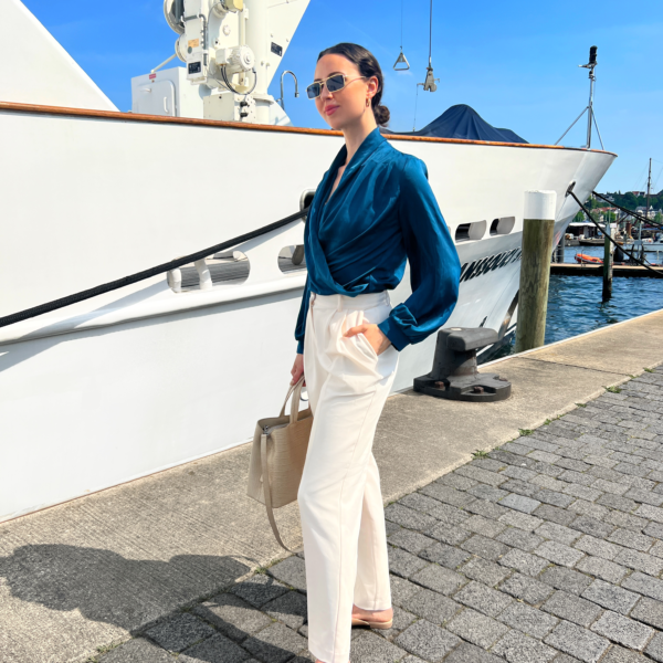 Blue Green Blouse Outfit with Cream Pants