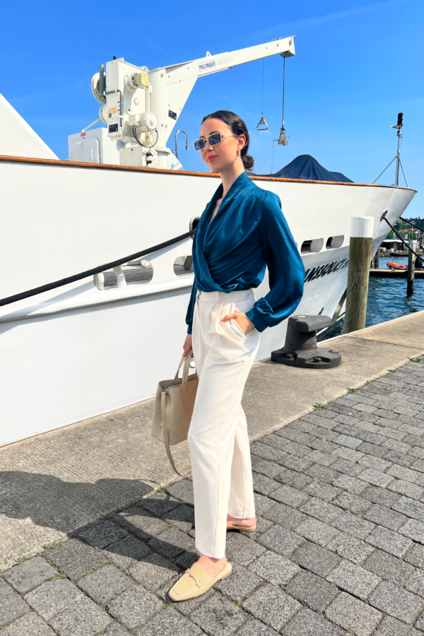 Blue Green Blouse Outfit with Cream Pants