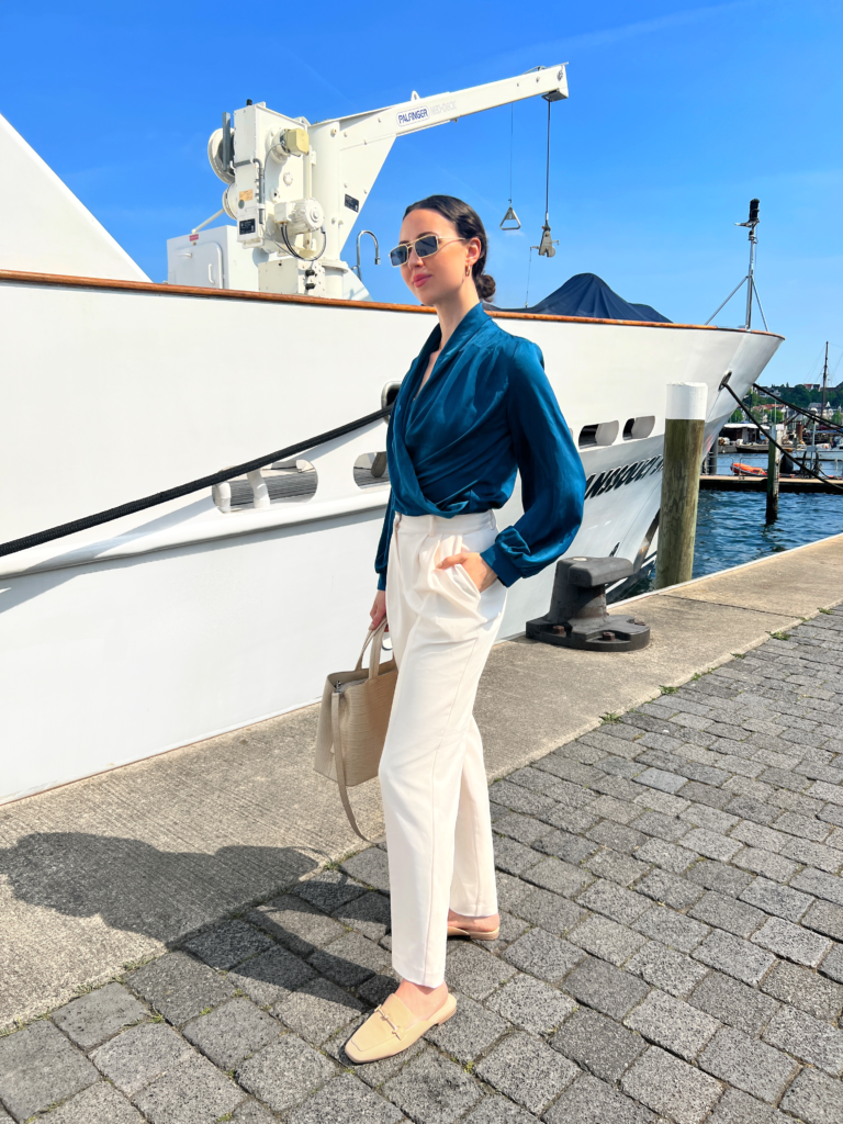 Blue Green Blouse Outfit with Cream Pants – IN AN ELEGANT FASHION