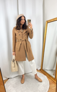 Camel Wool Coat Outfit with White Pants