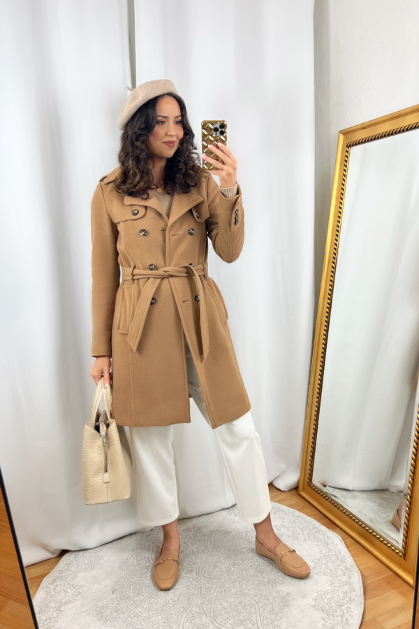 Camel Wool Coat Outfit with White Pants
