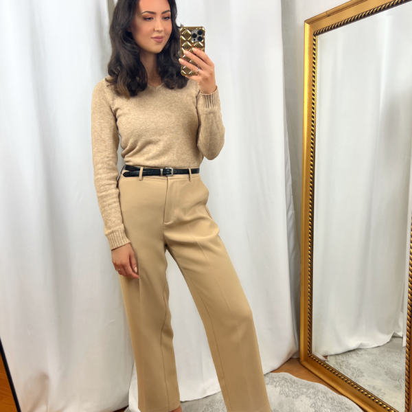 Thin Beige Sweater and Beige Dress Pants Outfit