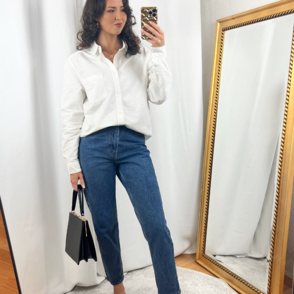 White Button Shirt and Mom Jeans Outfit