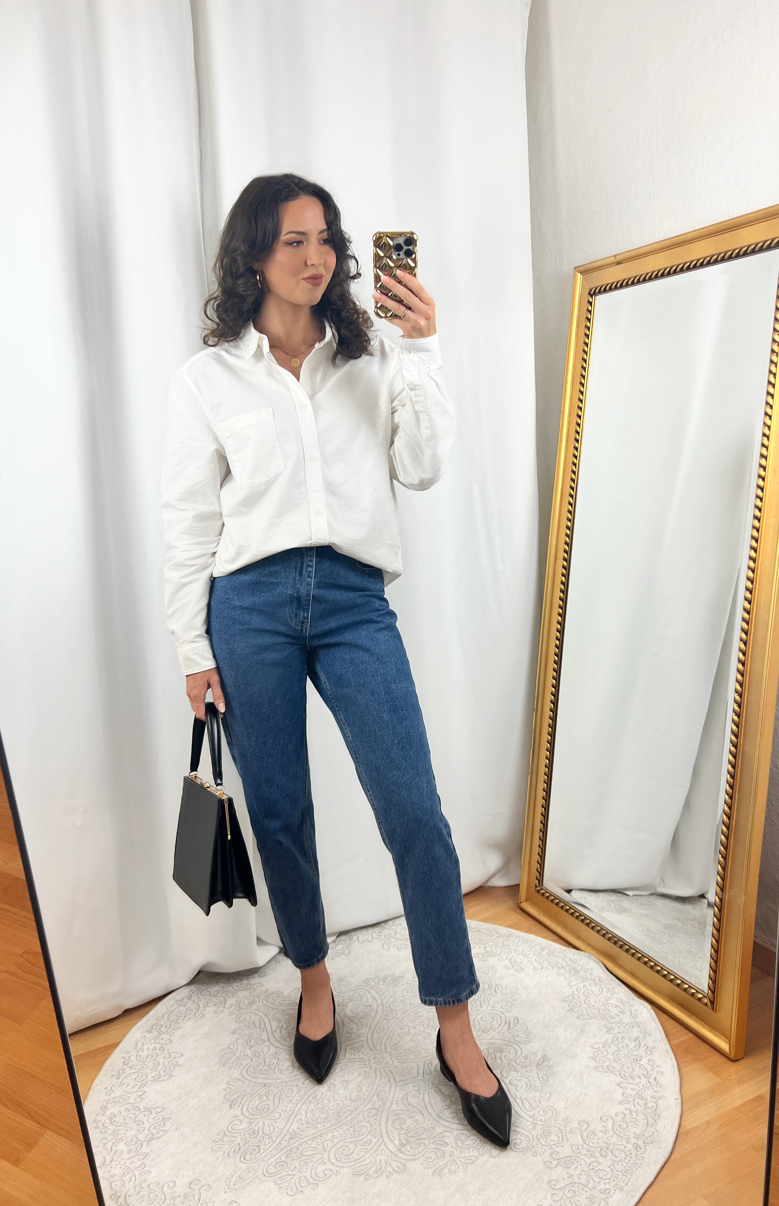 White Button Shirt and Mom Jeans Outfit