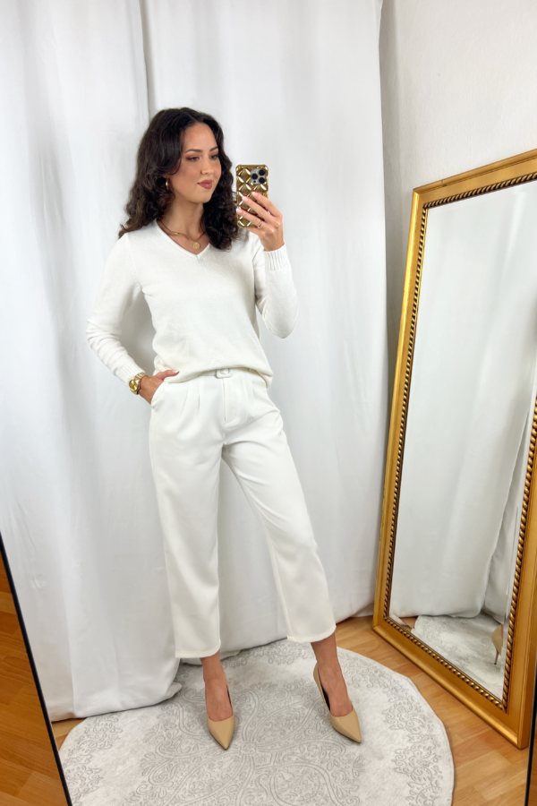 White V Neck Sweater and White Pants Outfit