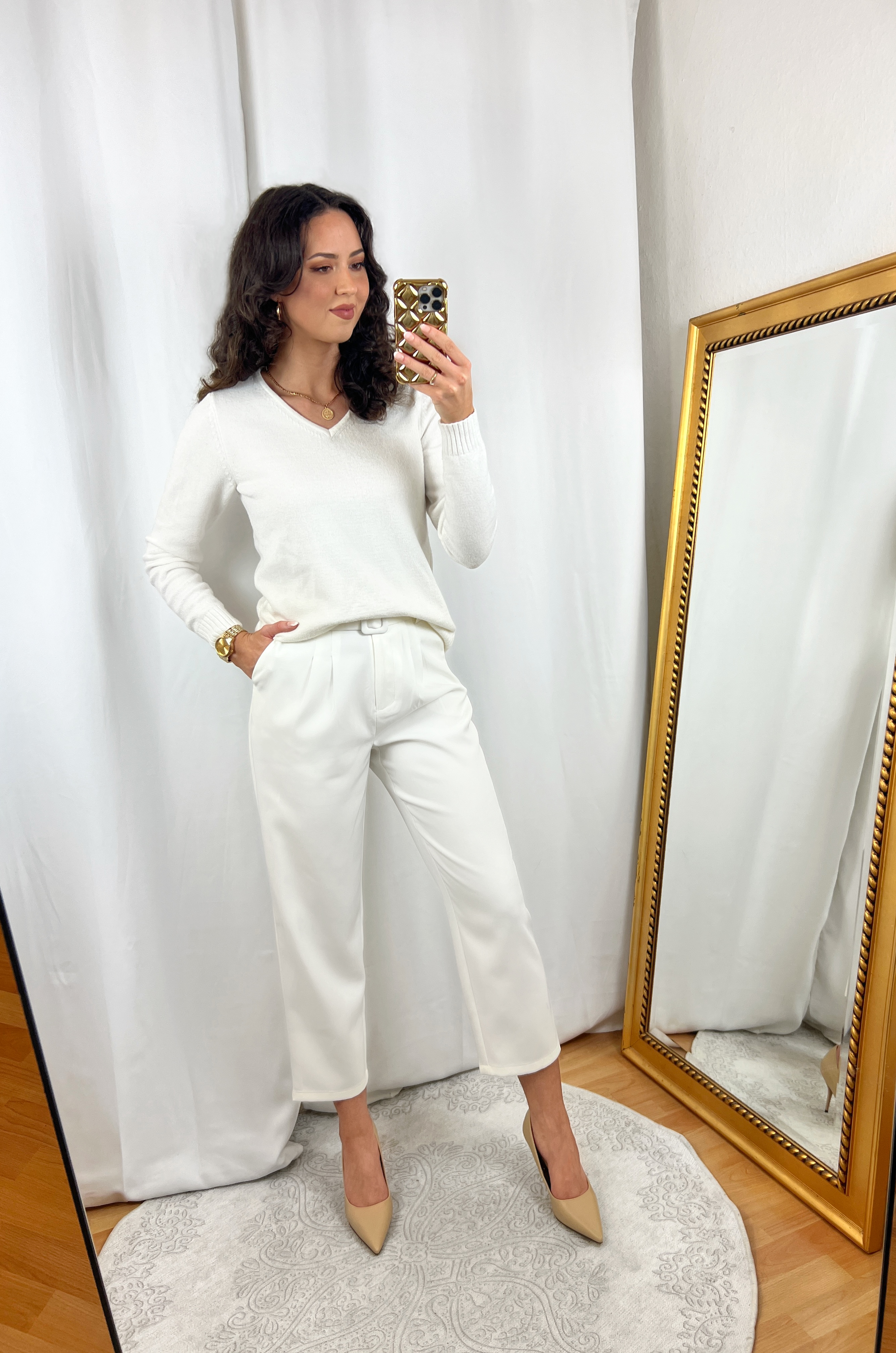 White V Neck Sweater and White Pants Outfit