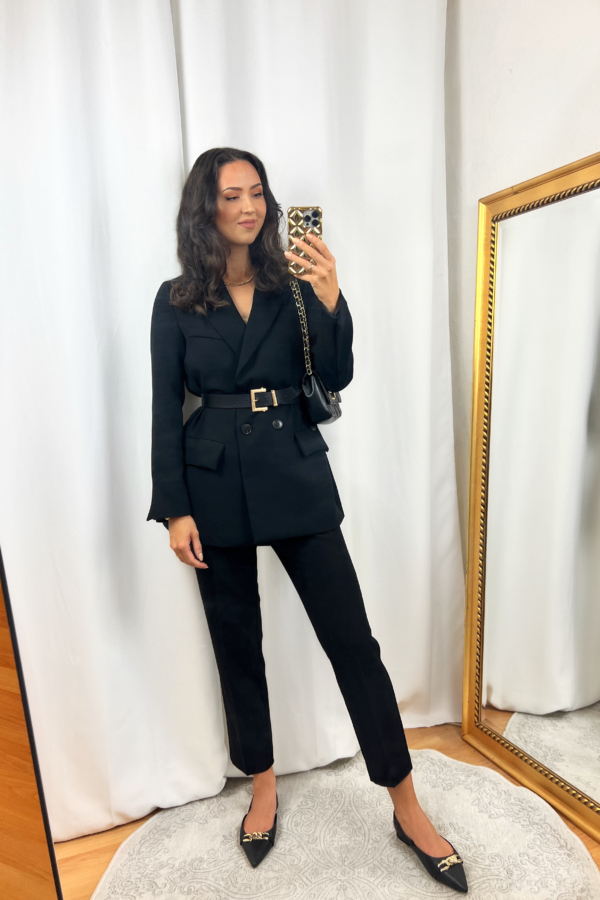 Black Blazer Outfit with Black Pants