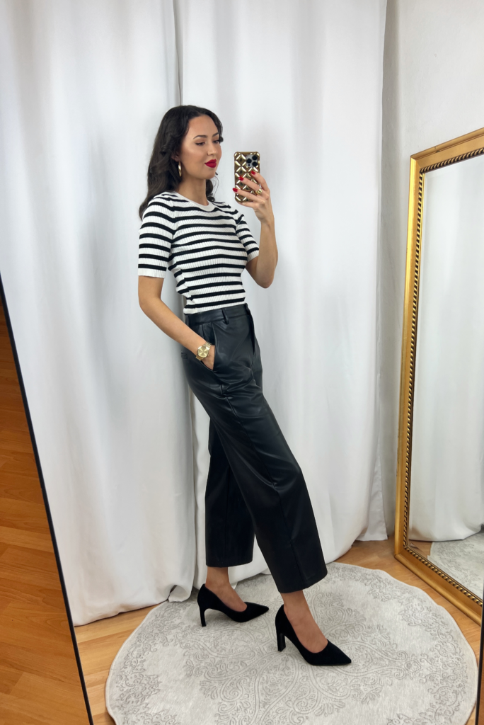 Black and White Striped Shirt Outfit with Leather Pants – IN AN ELEGANT ...