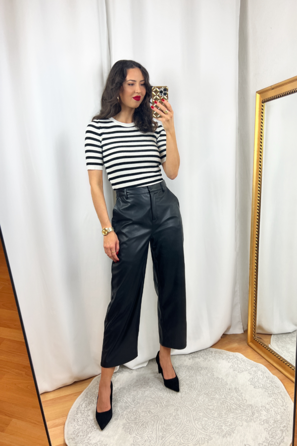Black and White Striped Shirt Outfit with Leather Pants