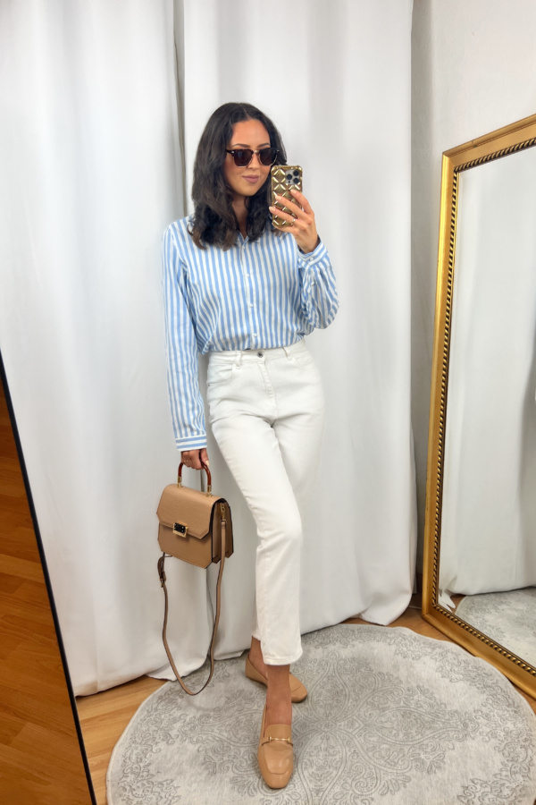 Blue Striped Shirt Outfit with White Mom Jeans