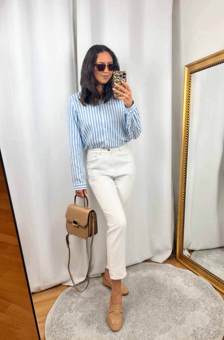 Blue Striped Shirt Outfit with White Mom Jeans – IN AN ELEGANT FASHION
