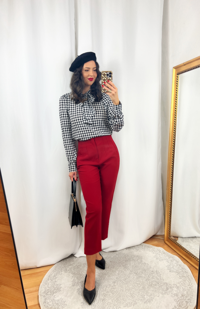 Houndstooth Blouse Outfit with Red Pants