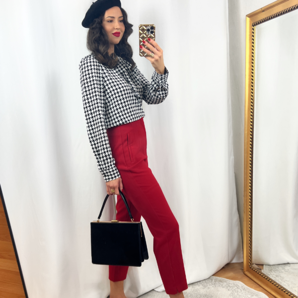 Houndstooth Blouse Outfit with Red Pants