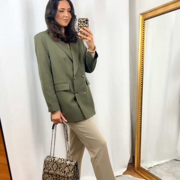 Army Green Blazer Outfit with Taupe Pants