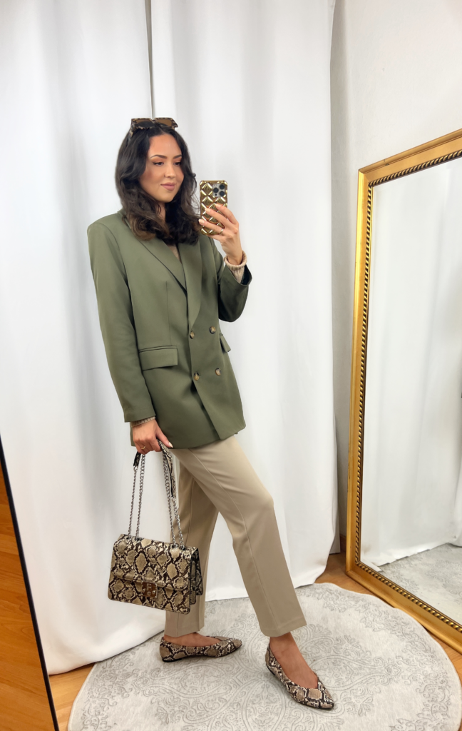 Army Green Blazer Outfit with Taupe Pants