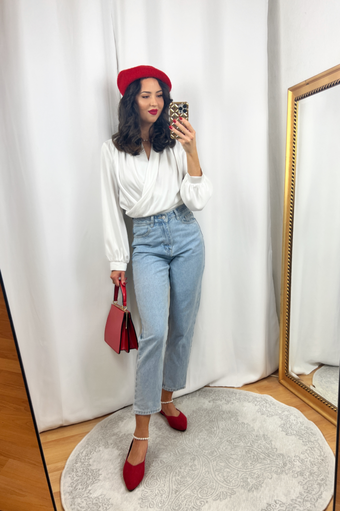 Red Beret Outfit with White Blouse and Blue Jeans