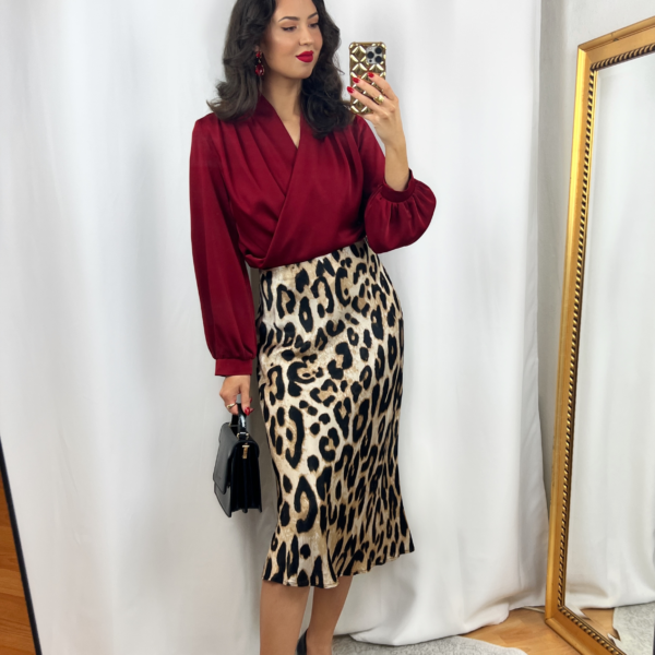 Red Blouse and Leopard Skirt Outfit