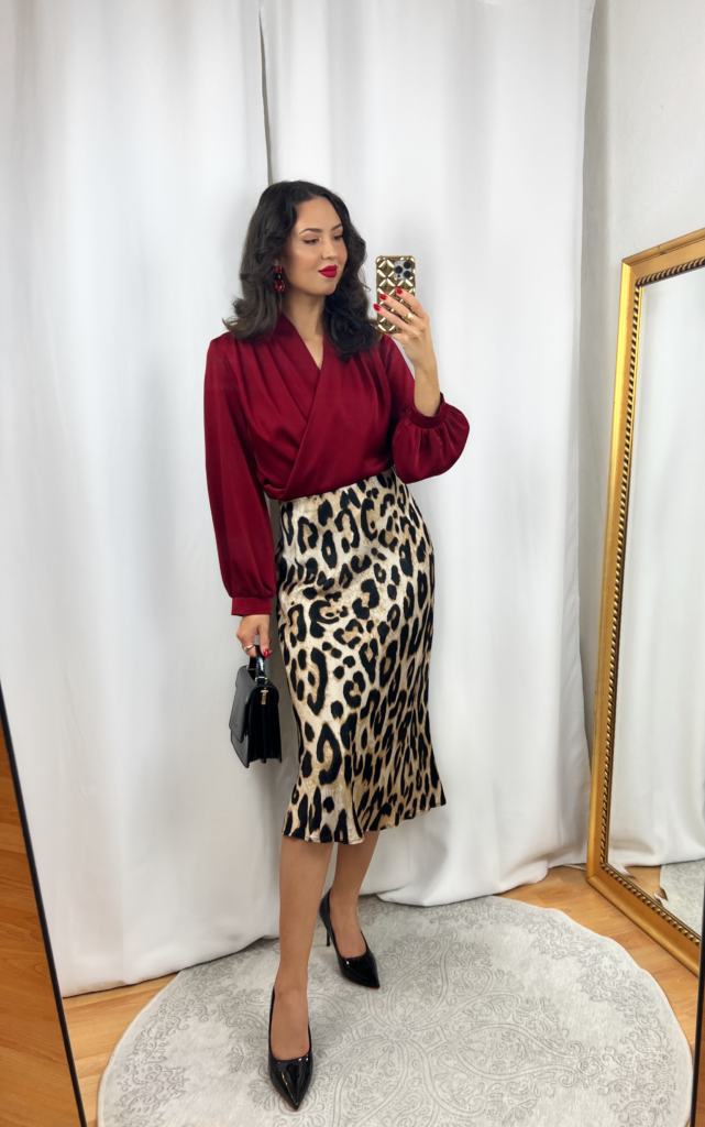 Red Blouse and Leopard Skirt Outfit