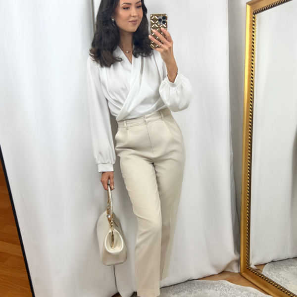 White Blouse Outfit with Beige Dress Pants
