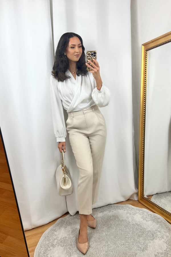 White Blouse Outfit with Beige Dress Pants