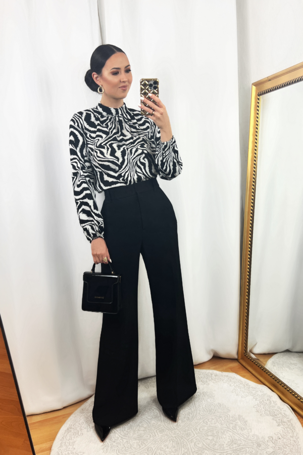 Zebra Blouse Top Outfit with Black Wide Pants