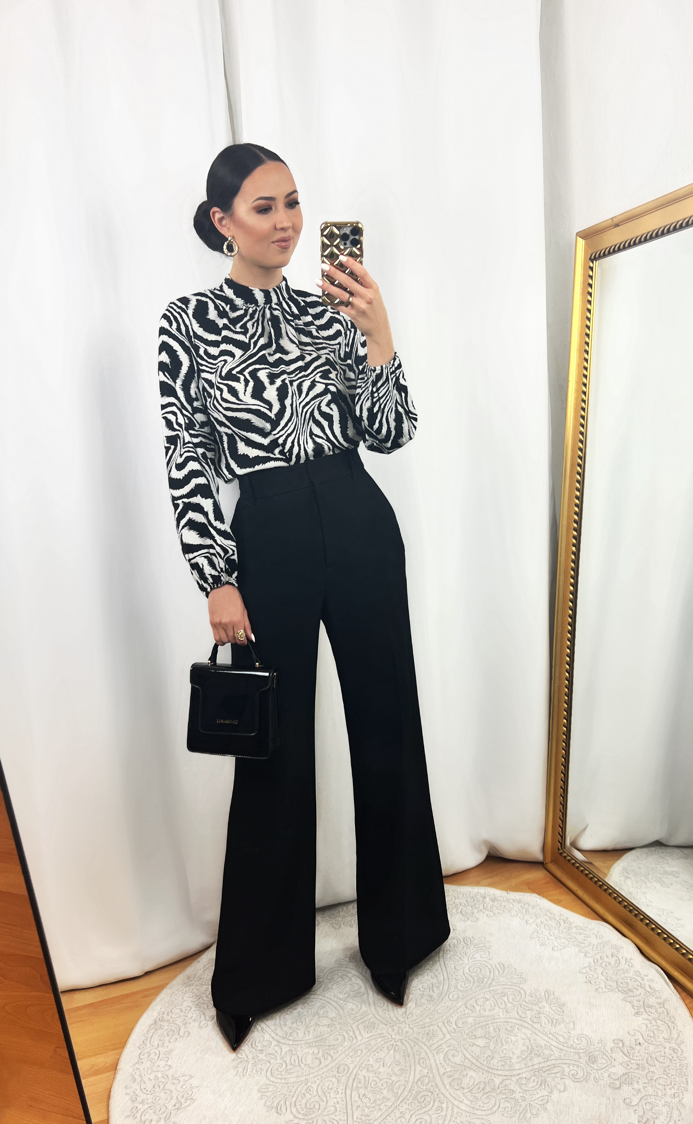 Zebra Blouse Top Outfit with Black Wide Pants